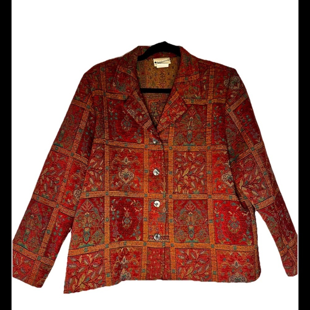 Appleseed's VINTAGE Red and Gold TAPESTRY cropped Buttondown jacket Sz 16